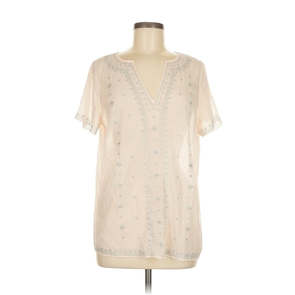 White House Black Market Sheer Embellished Blouse Beige Silver Beaded Boho Sz 4‎